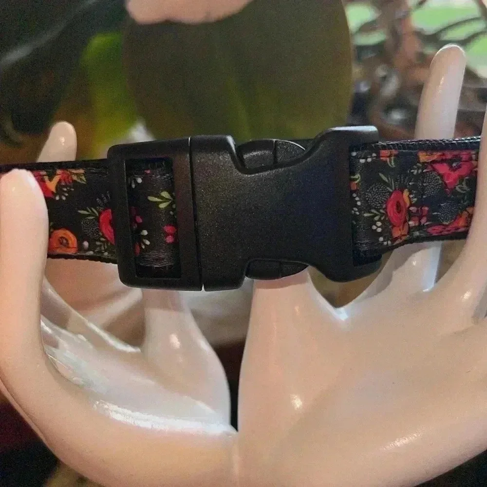 Dog Collar Orange Pink Floral Black Extra Large Heavy Duty Quick Release Collar